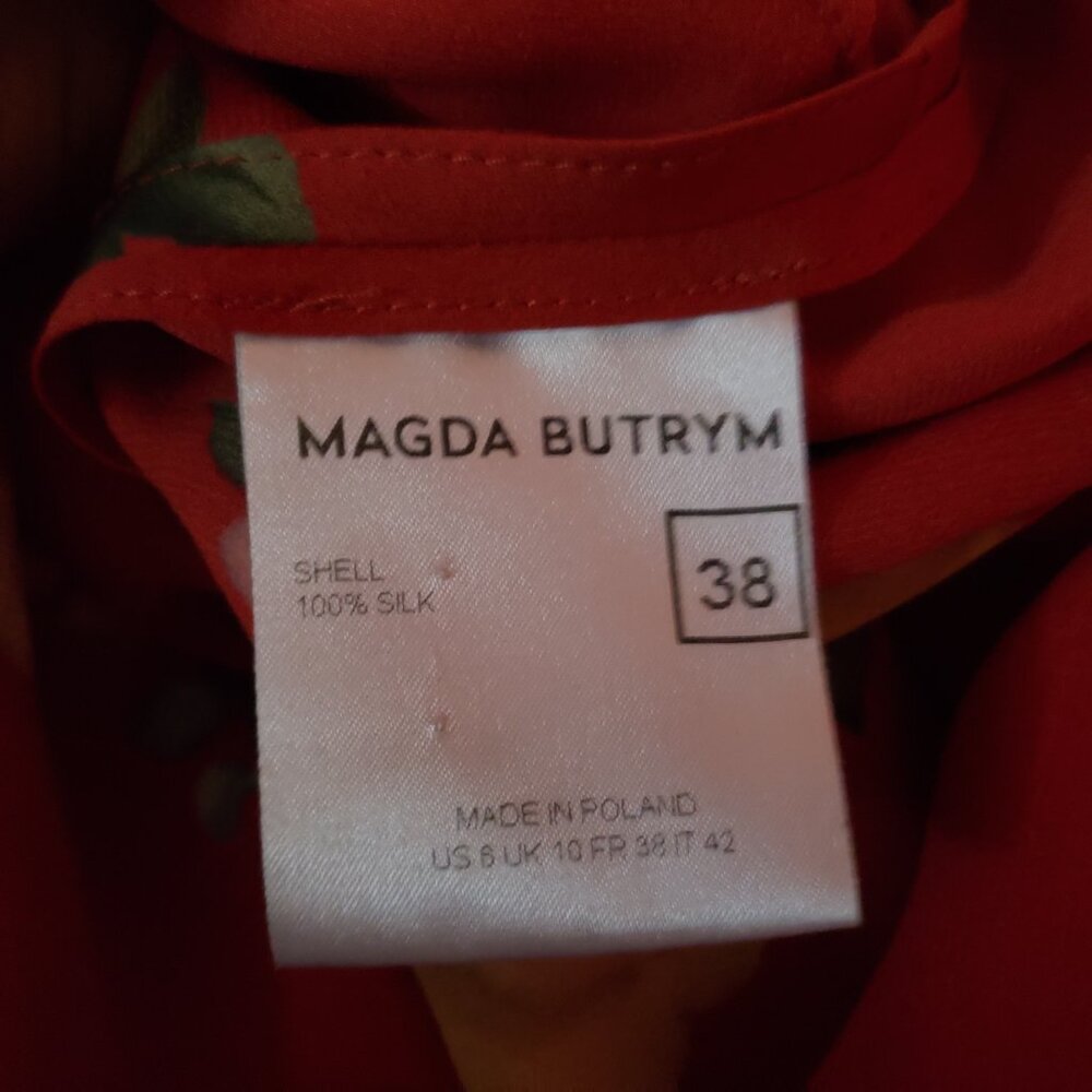 Magda Butrym Dress Red Floral Silk Short Sleeves Asymmetric Hem Midi 38 - Picture 10 of 10